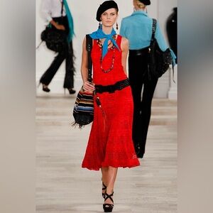 Ralph Lauren Collection Hand Crochet Midi Dress Red Sleeveless M Runway 2013